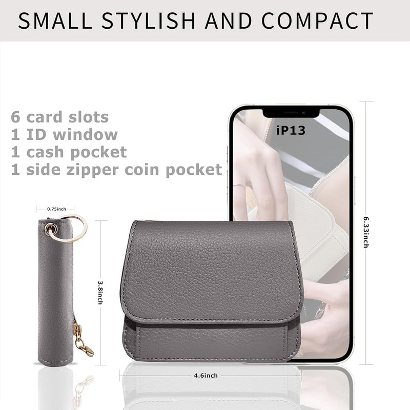 Sunpour Women Small Wallet RFID Blocking Slim Wallet with Coin Pocket Tri-Fold Credit Card Holder with ID Window and Keychain (Grey) - Image 2